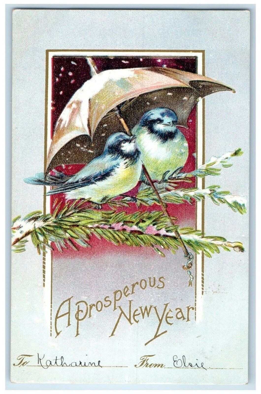 c1910's New Year Song Birds With Umbrella Snowfall Clapsaddle Embossed Postcard