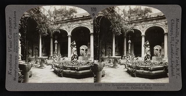 Photo:Palermo Sicily National Museum Courtyard Statue 1900s Stereo View