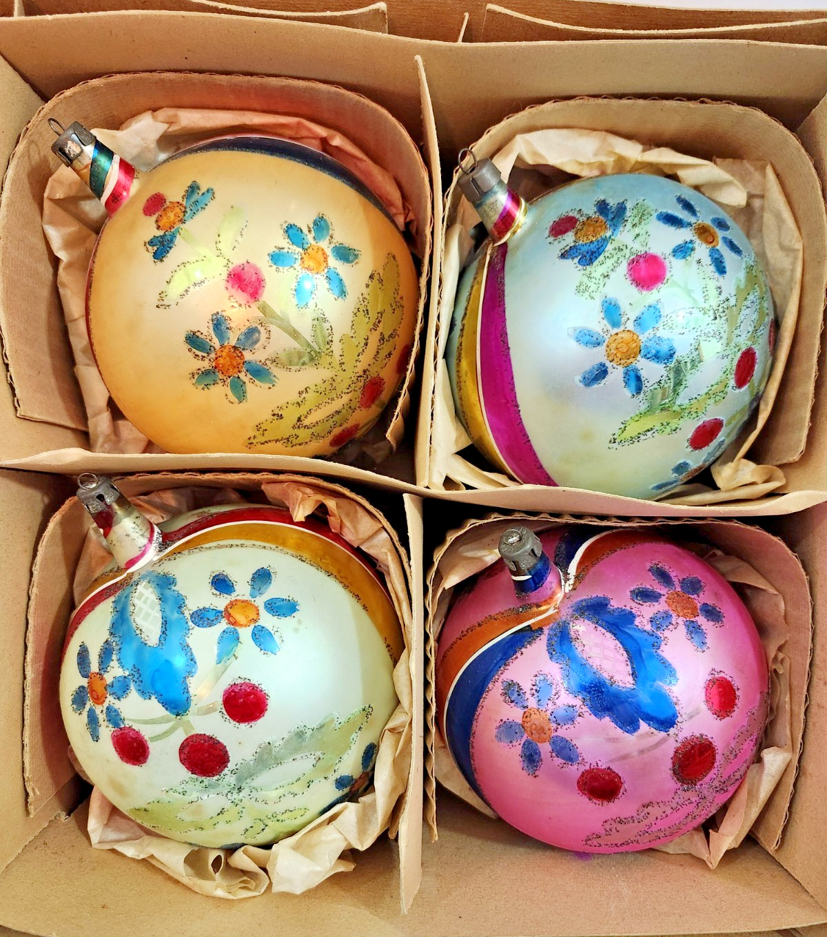 Vintage Fantasia Christmas Ornaments Box of 4 Hand Painted Jumbo 4.5 Vintage Fantasia Christmas Ornaments Box of 4 Hand Painted Jumbo 4.5