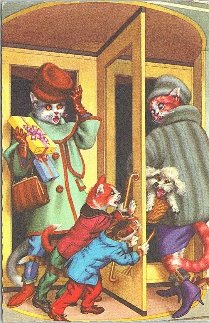 Illustrated PC Cats in Human Clothing Walking through Revolving Door early 1900s