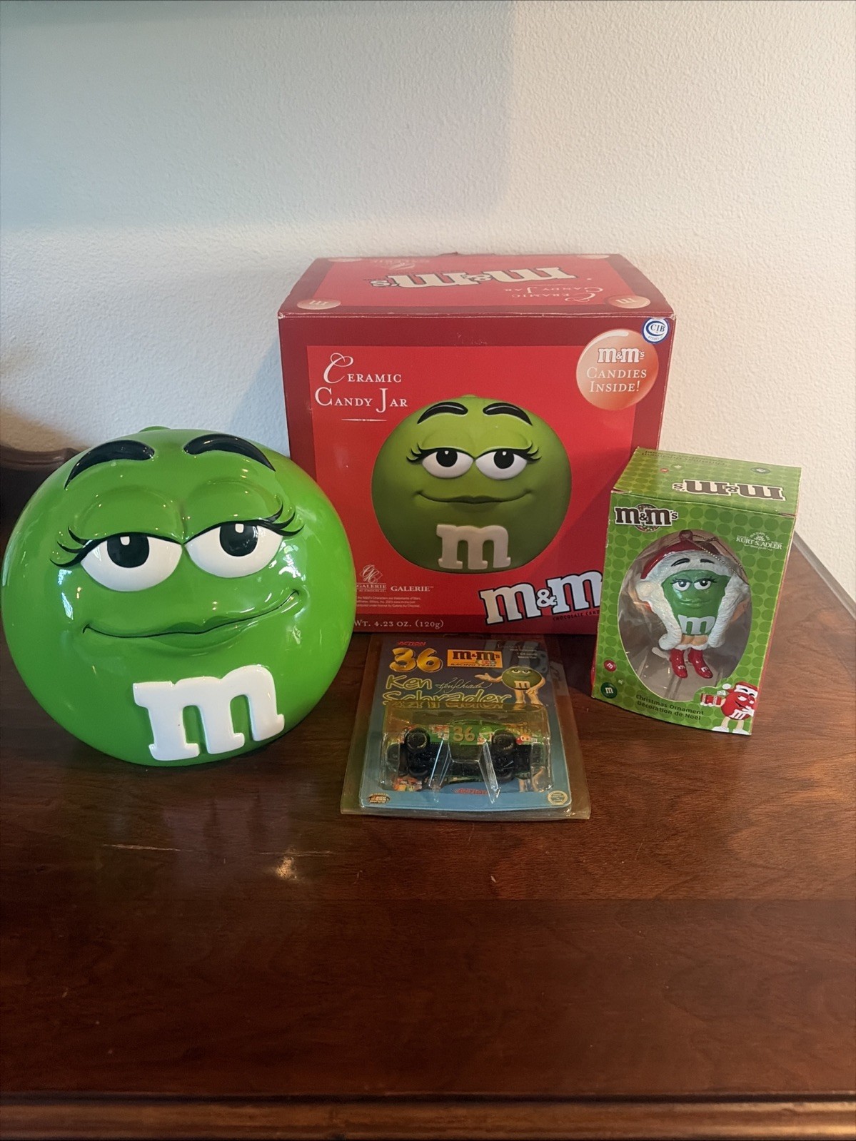 M&M Green Character Lot Ceramic Candy Jar, Kurt Adler Ornament, Ken Schrader Car