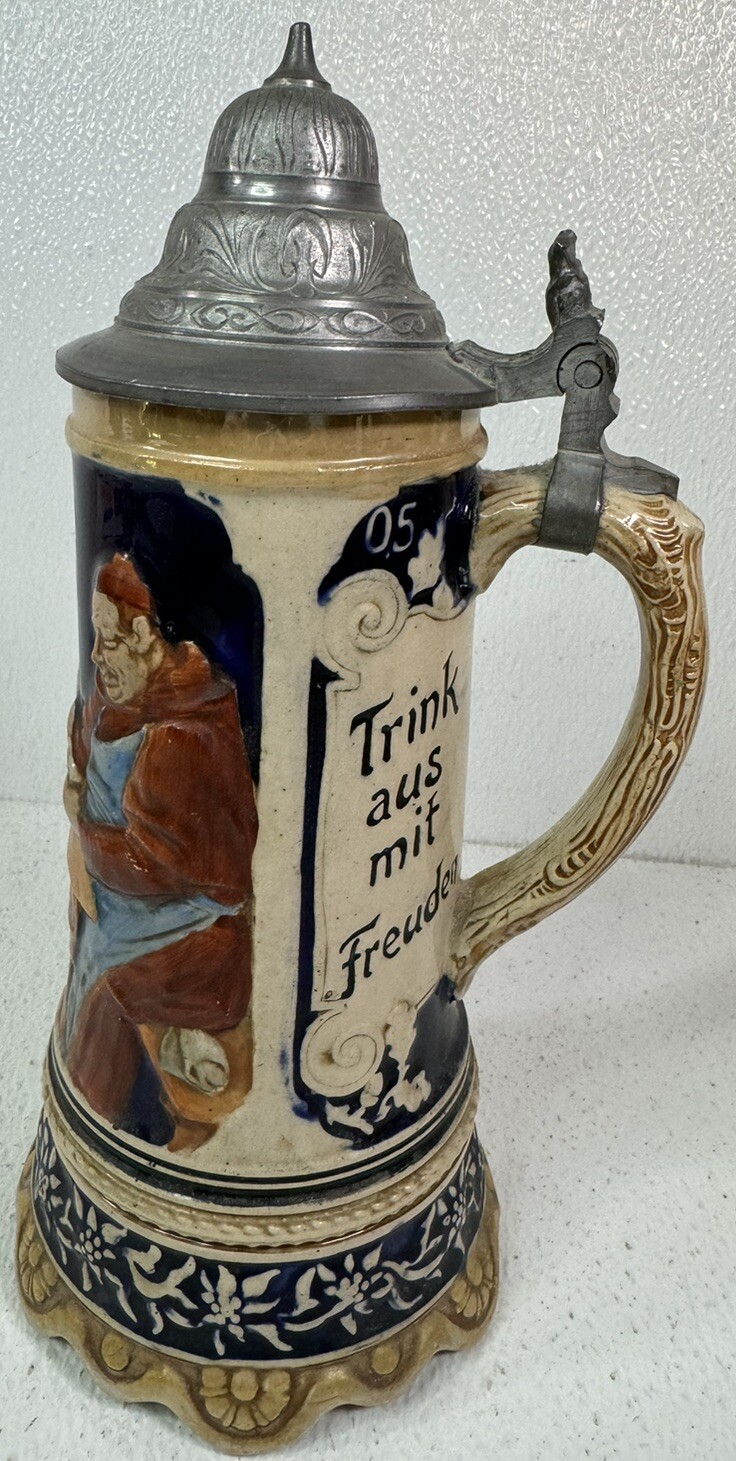 Vintage Hand Painted Reinhold Merkelbach Pewter Lid Beer Stein GRM - Germany