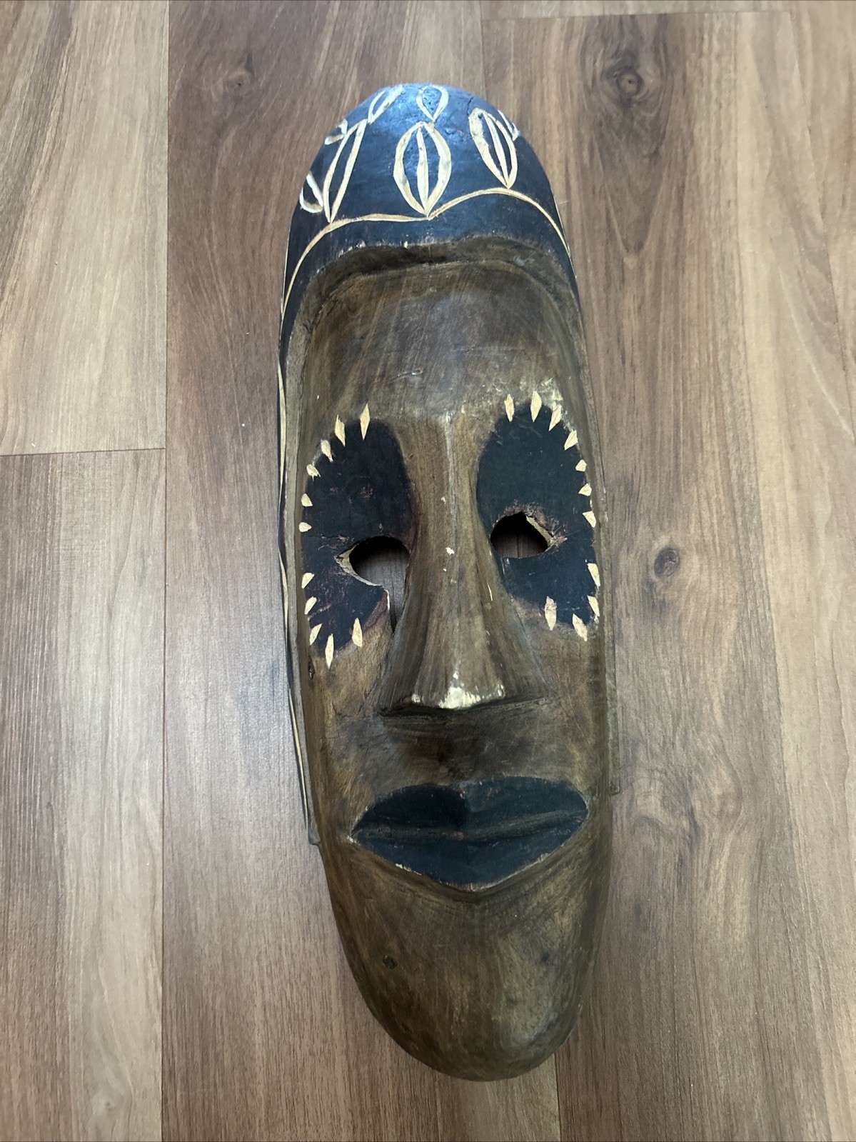 Vintage Hand Carved Zambian African Wooden Mask Wall Hanging 19x6.5”