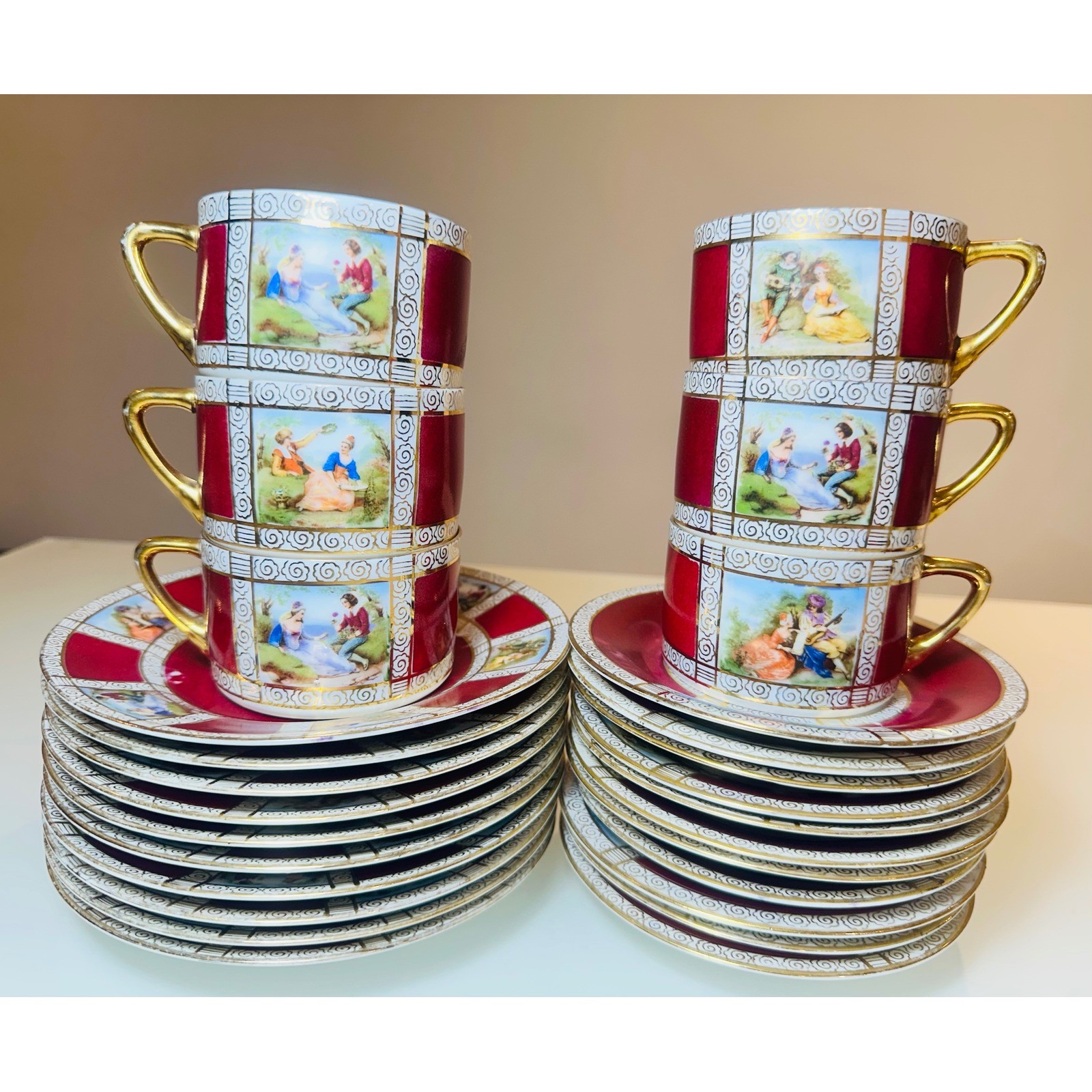 Vintage Fragonard Courting Couple 27pc Demitasse Set Burgundy Gold Czechoslavia Vintage Fragonard Courting Couple 27pc Demitasse Set Burgundy Gold Czechoslavia