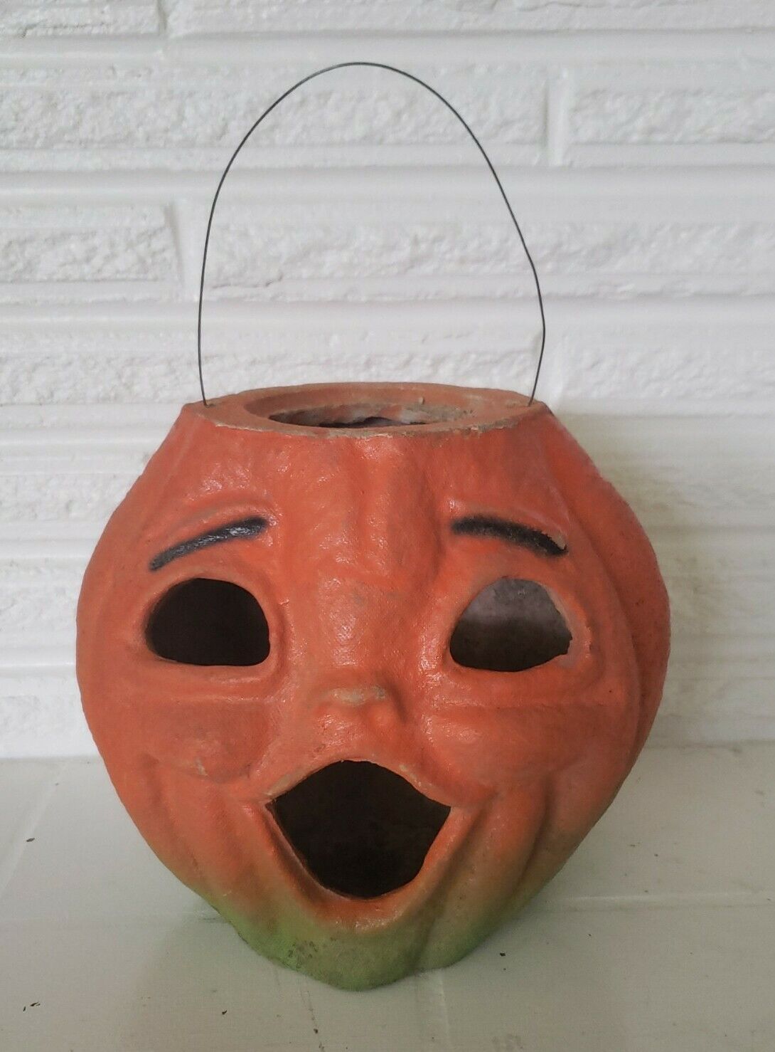 Vtg pulp Halloween Paper Mache Pumpkin Jack-O-Lantern Candy Basket large 1940\'s