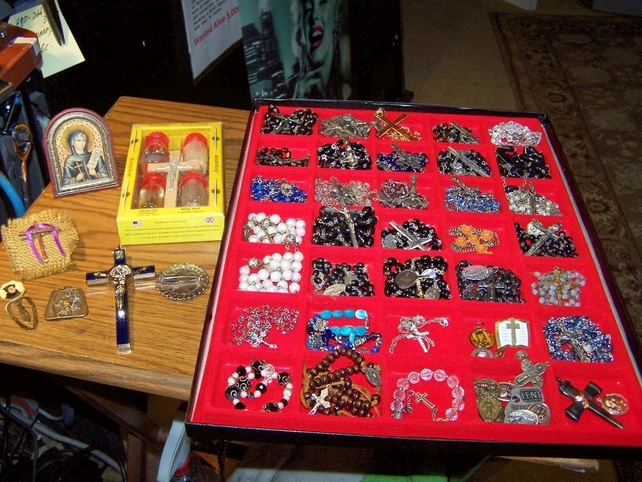 Lot 25+ Vintage Rosaries w/ Display case  Rosary Bracelets 15 Metals extras