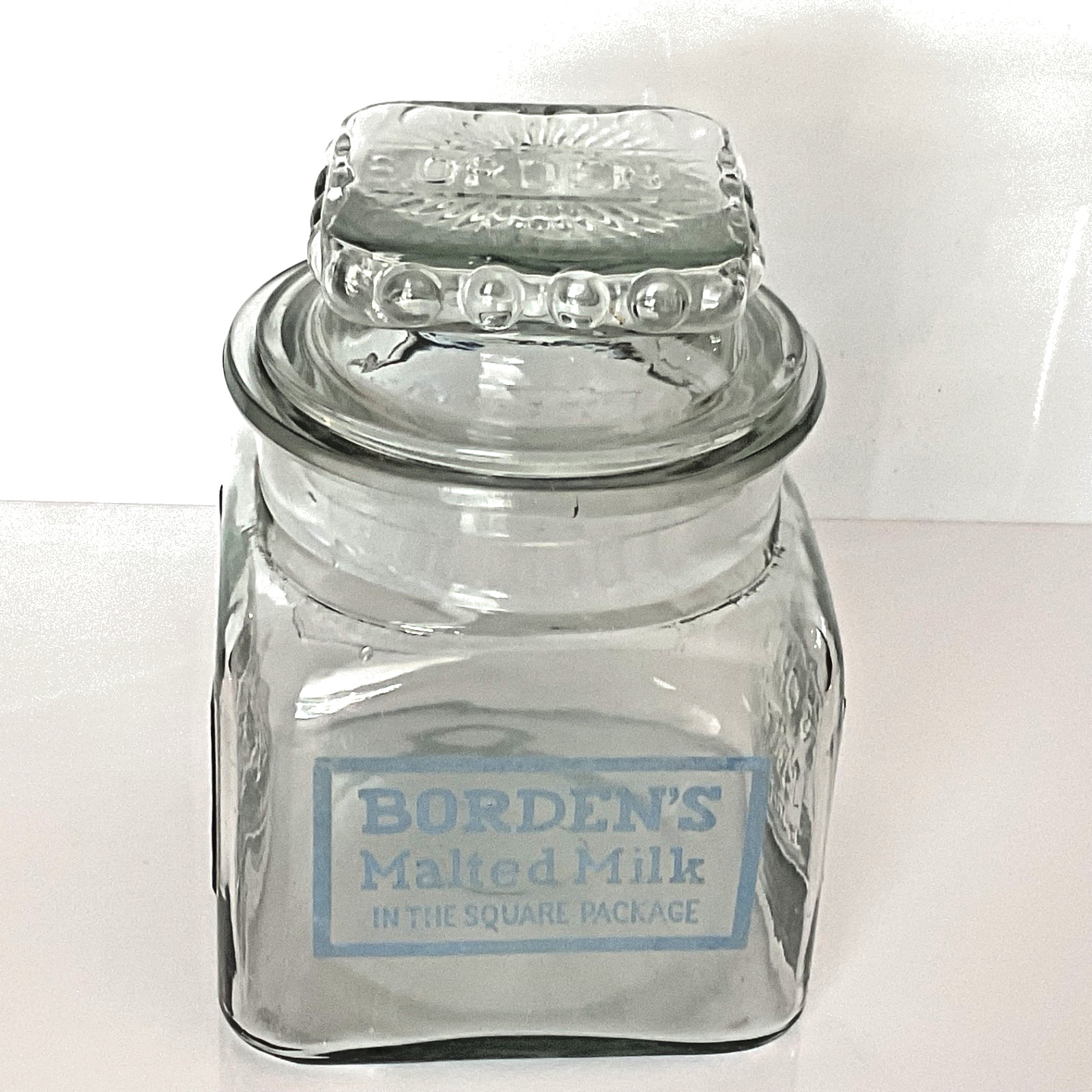 Antique Borden's Malted Milk in the Square Package Glass Jar Original Ground Lid