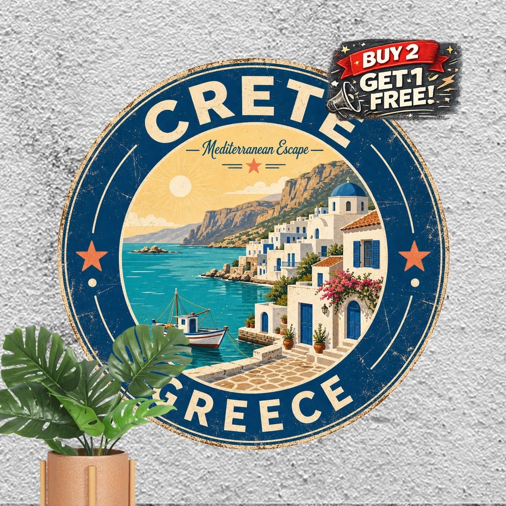 Crete Greece Mediterranean Island Scenic Travel Souvenir Round Metal Sign 8x8