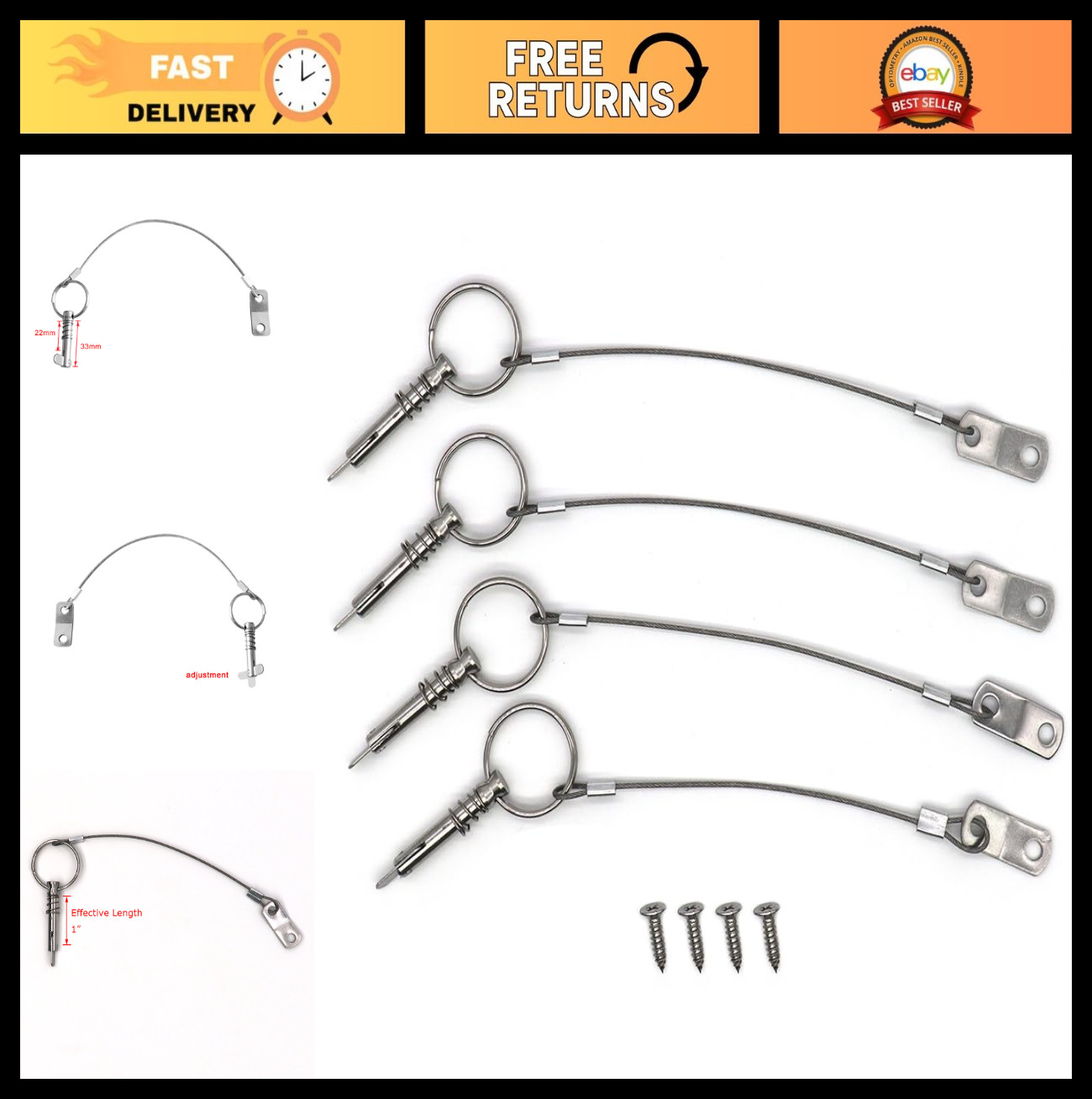 4 Pcs Quick Release Pins with Lanyard, 1/4\