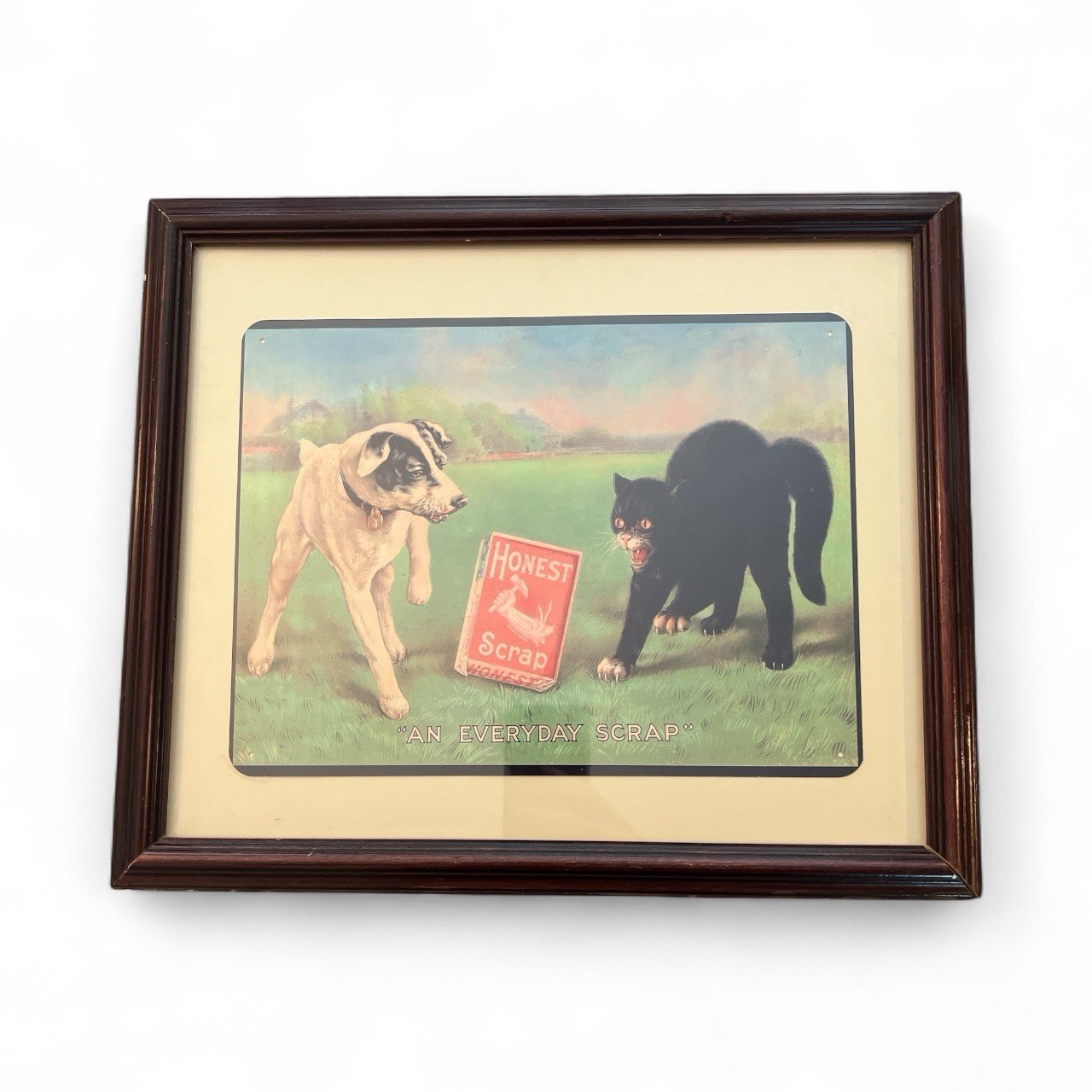 Framed Honest Scrap Chewing Tobacco Tin Sign Retro Americana Dog & Black Cat
