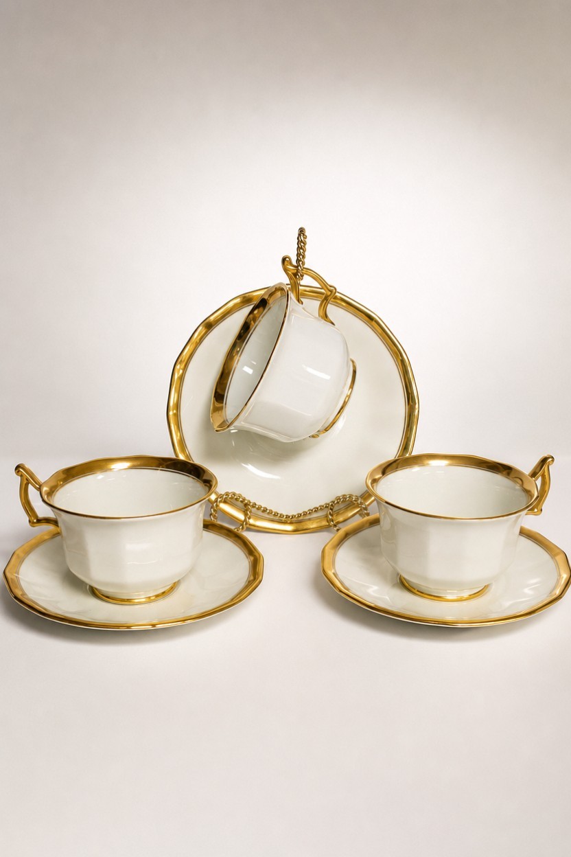 Antique Cauldon China Teacups Saucers Lot C.A. Selzer Gold Leaf Fluted 1905
