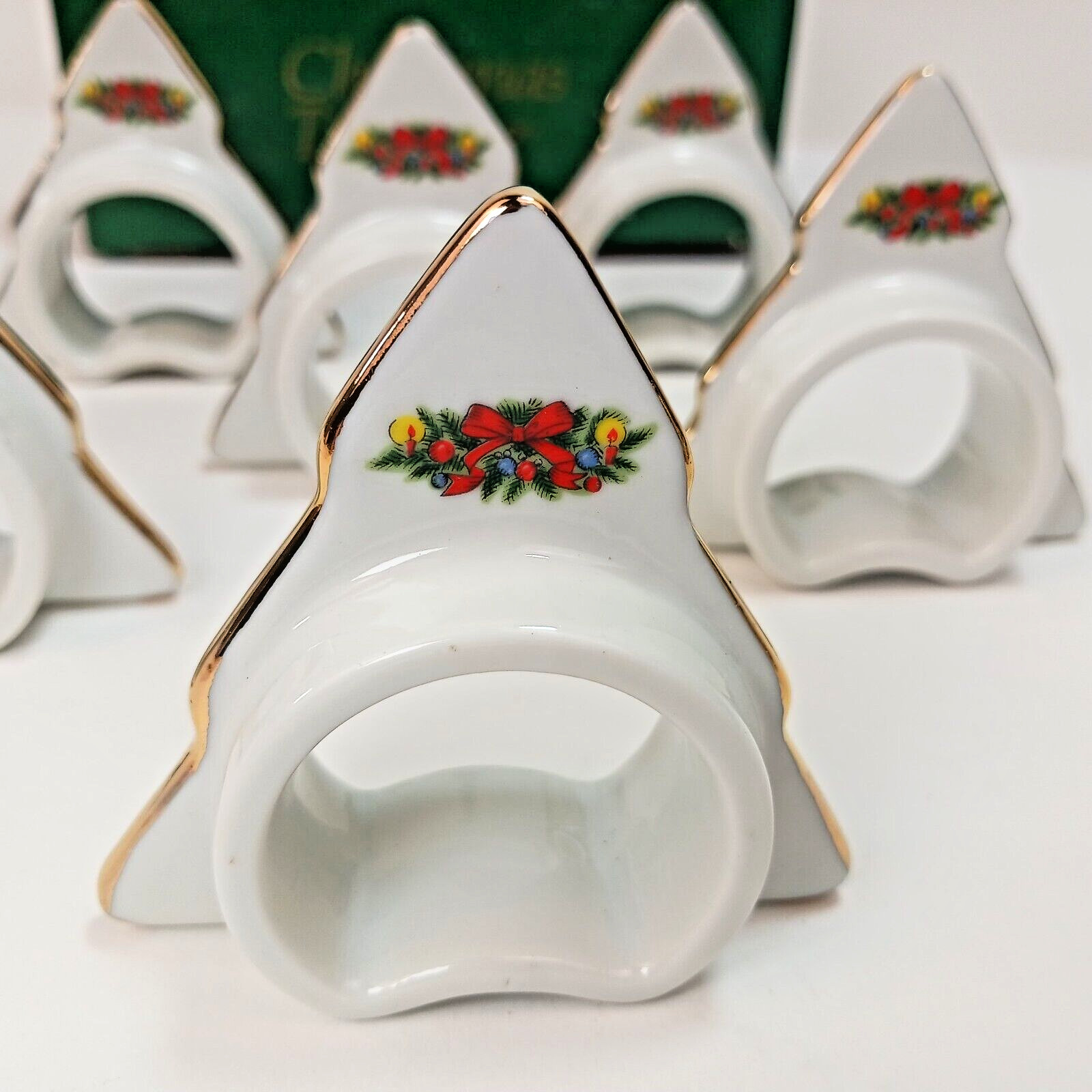 6 Vtg Napkin Rings Christmas Treasure Porcelain 24k Gold Trim 1988