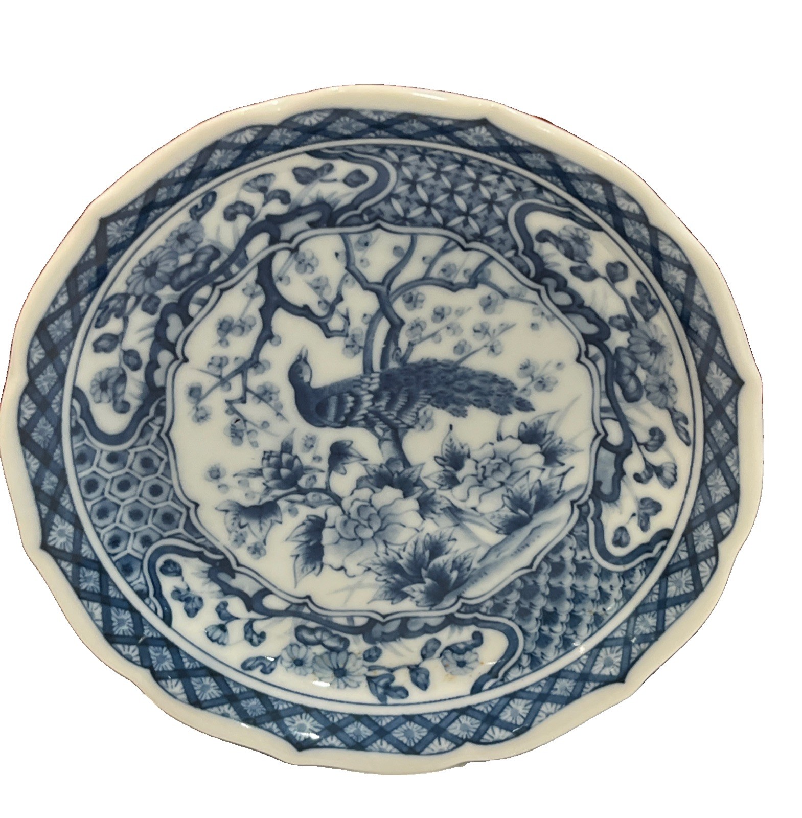 VTG Japanese Blue White Porcelain Peacock Bird Floral Trinket Dish Plate Japan