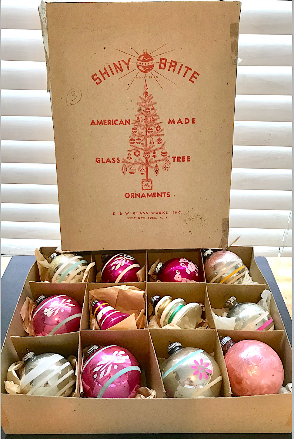 Vintage 12 Shiny Brite Christmas Ornaments Pink Flower Stripe Tree Stencil Frost