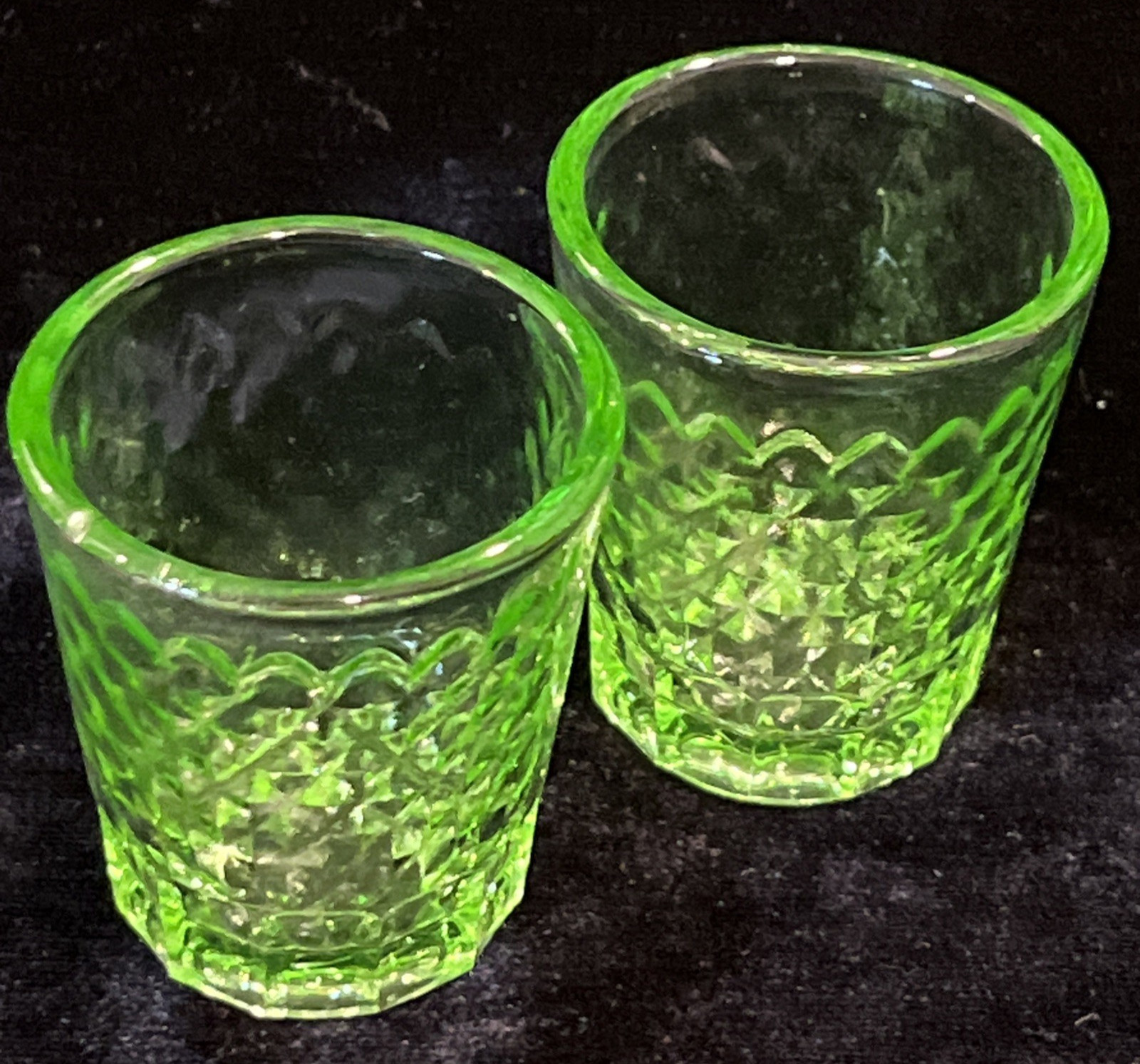 Pair Vintage Federal Uranium Green Diamond Quilt Shot Glasses F Shield