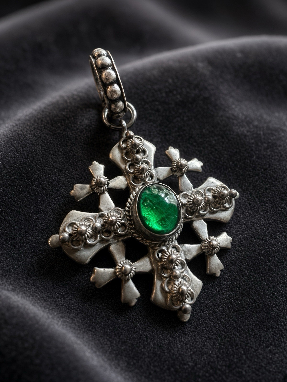Vintage Holy Land Jerusalem Cross Pendant 800 Sterling Silver Green Cabochon