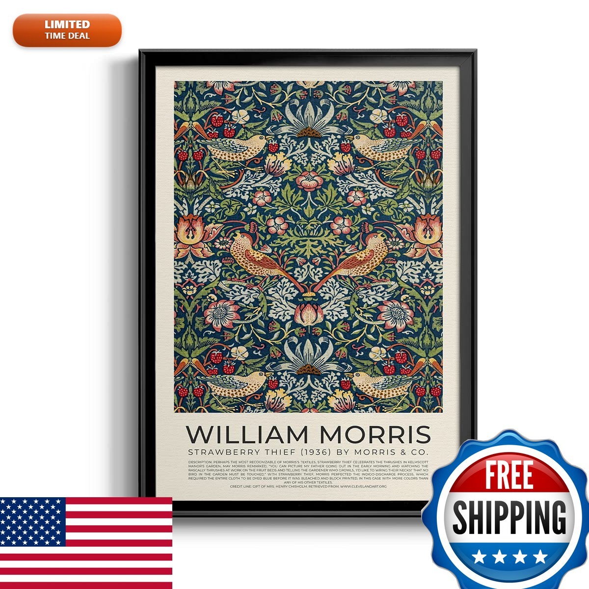 William Morris Strawberry Thief (1936) Framed Wall Art Print by Renditions