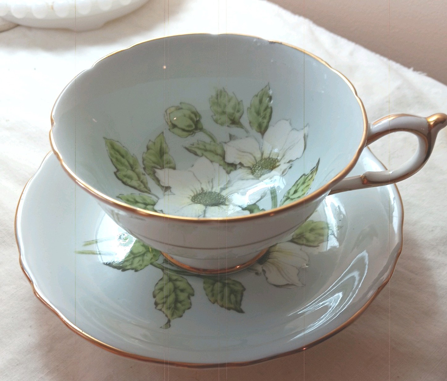 Paragon Tea Cup & Saucer Mint green Dogwood Gold Trim Double Warrant Vintage