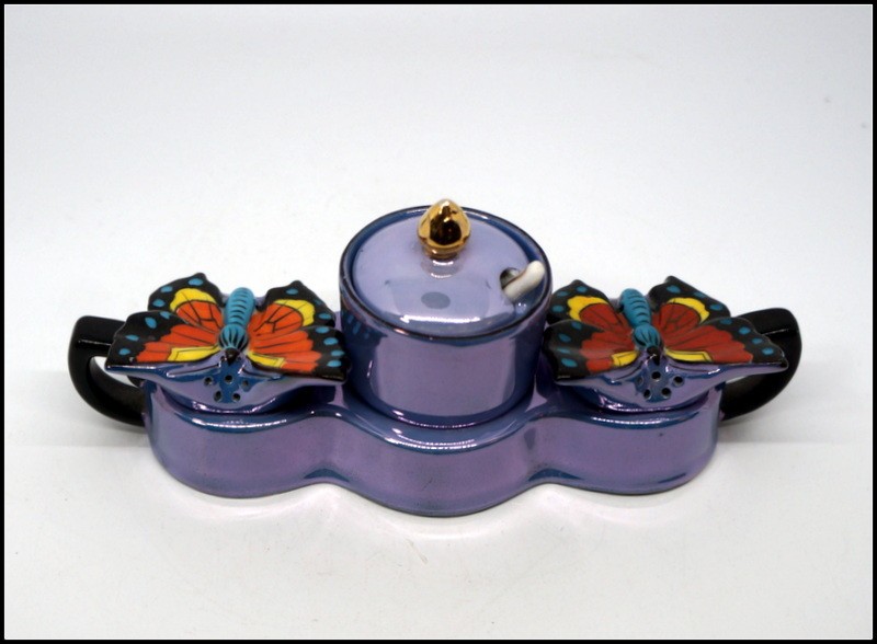 Art Deco Chikaramachi Noritake Blue Luster Butterfly Condiment Set Tray Spoon