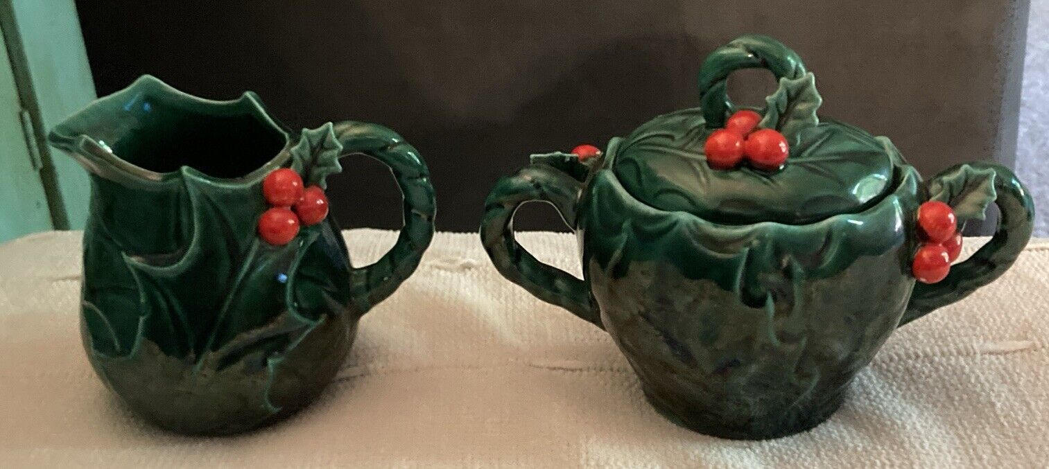 Vtg Lefton Green Holly/Berries Porcelain Creamer and Lidded Sugar Bowl - # 1355