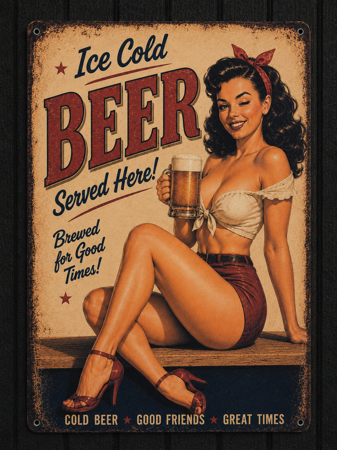 Ice Cold Beer Pin Up Metal Sign Vintage Bar Pub Garage Man Cave Wall Decor 8x12