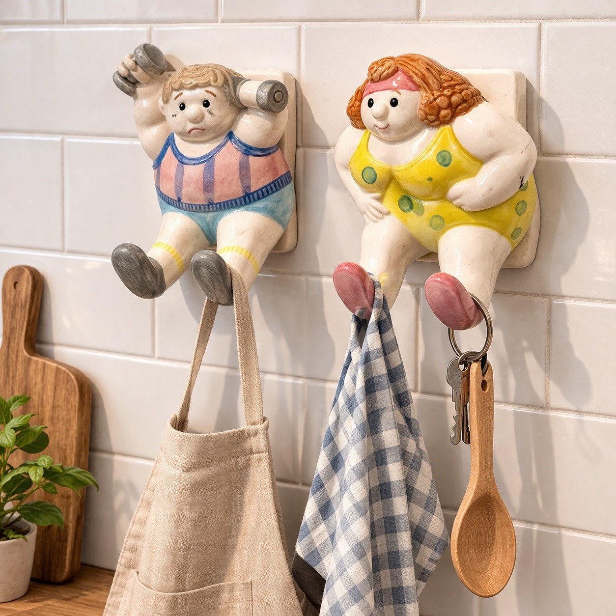 Fitz & Floyd Omnibus Chubby Wall Hooks Set Man Woman Ceramic Japan