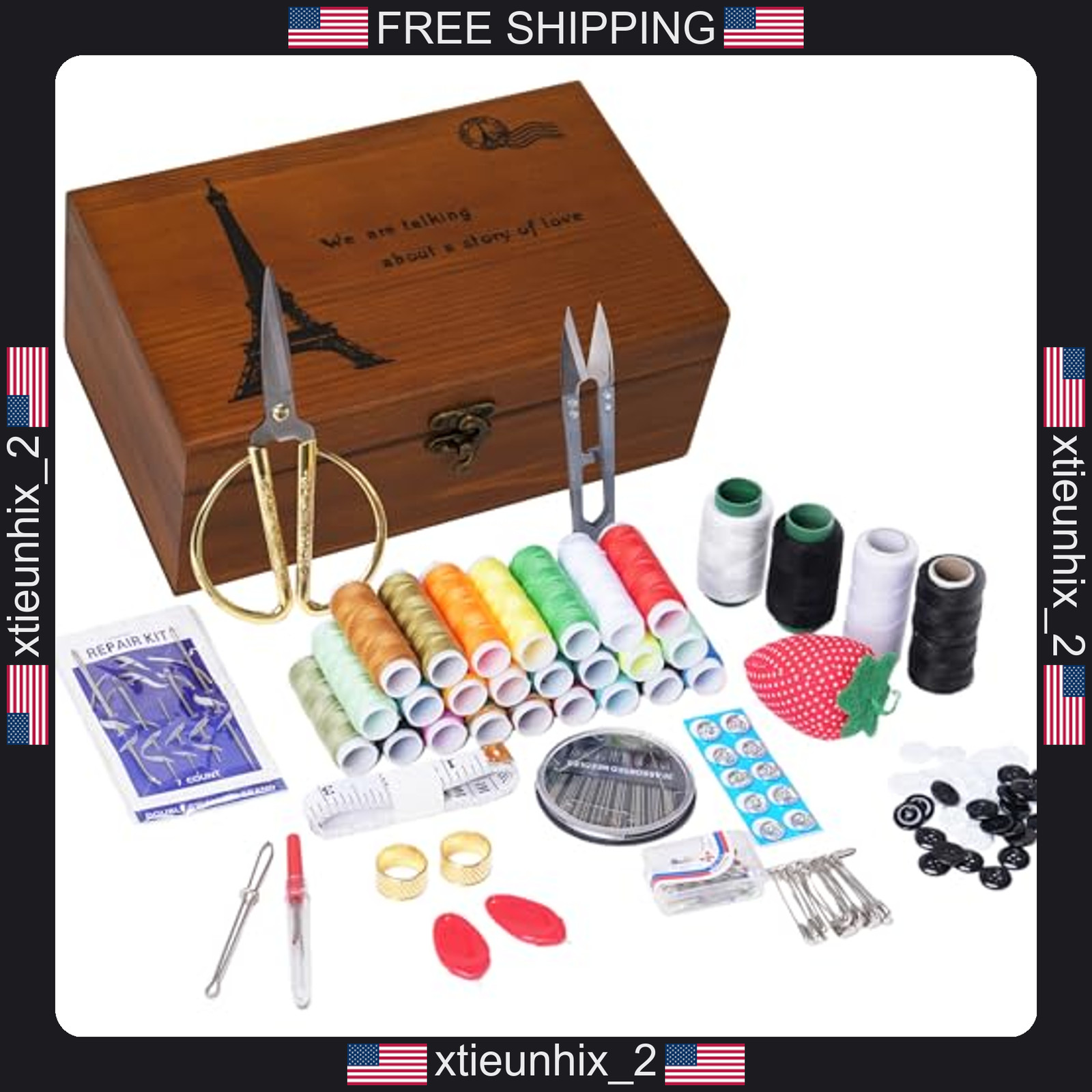 Wooden Sewing Kit Box with Needles, Pins, Buttons and Accessories
