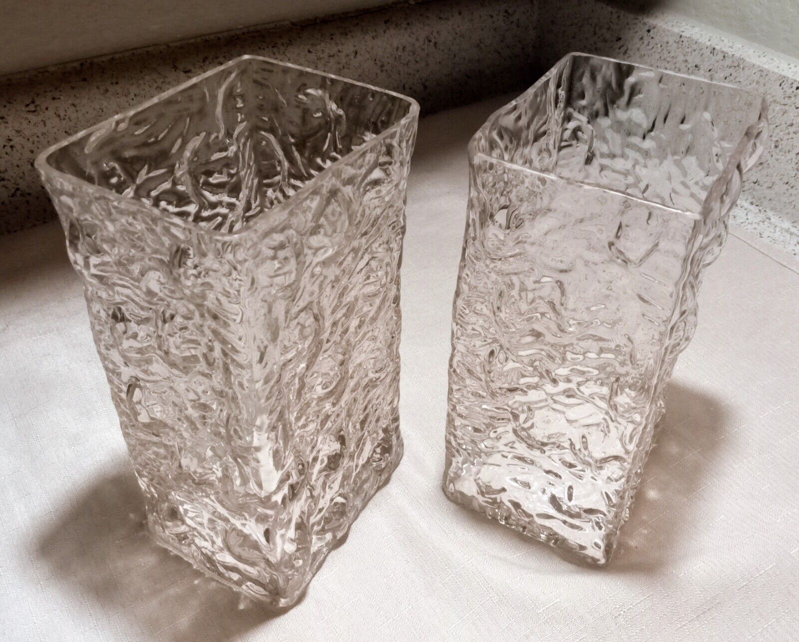 Pair Ingrid Art Glass Clear Bark Textured Rectangle Vases MCM Germany 1970's