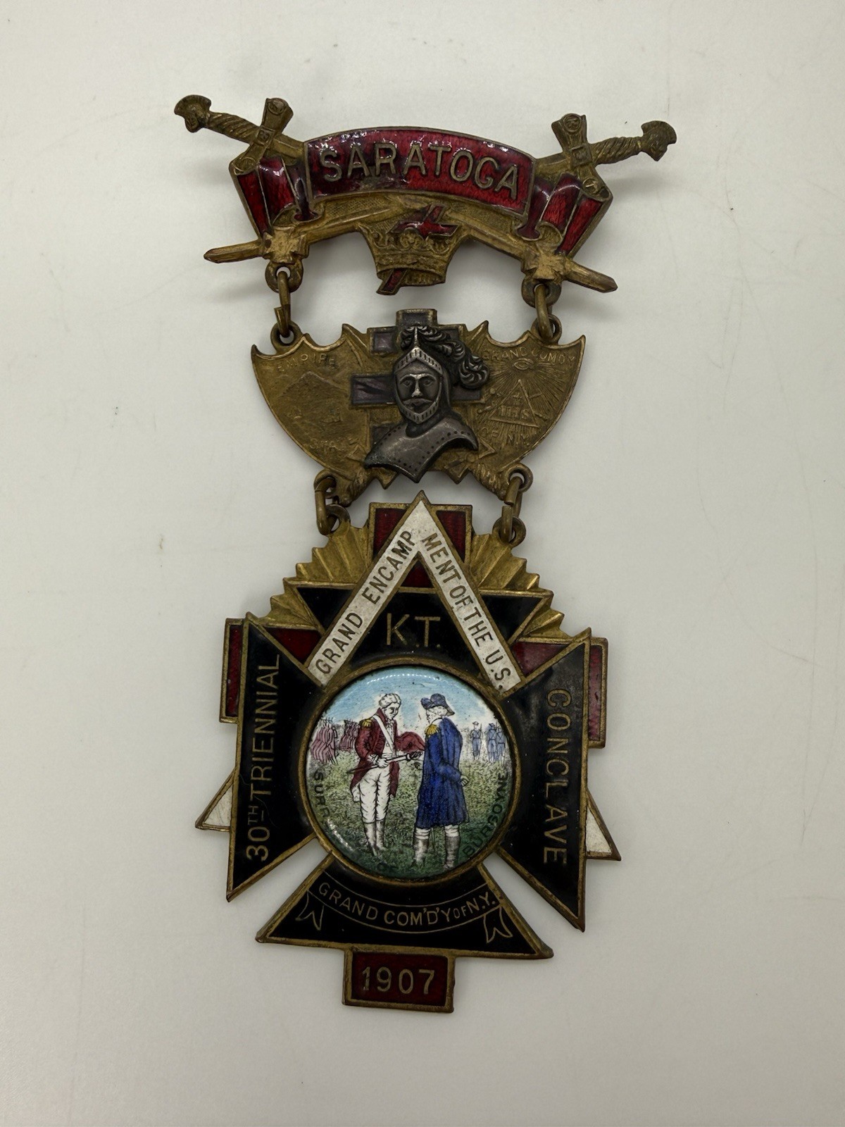 Antique Knights Templar 1907 NY Saratoga Conclave Medal Masonic Coat Badge