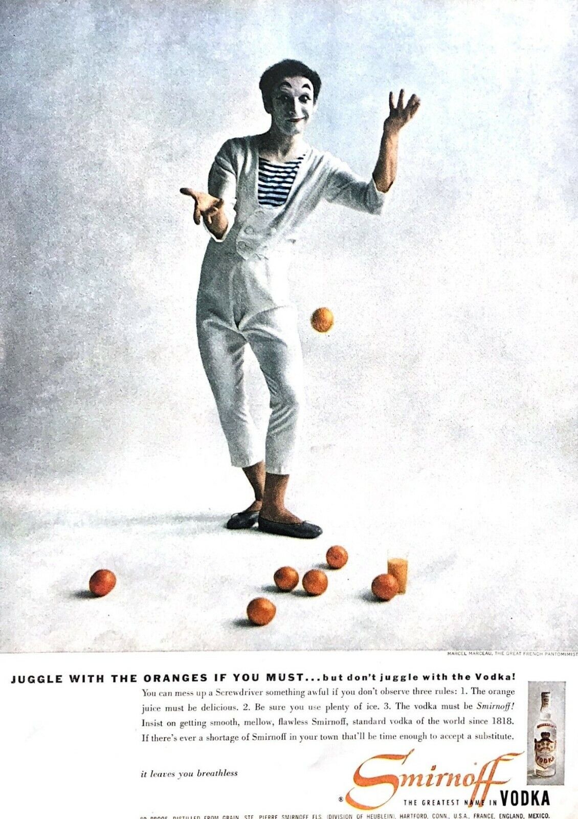 1956 Smirnoff Vodka Vintage Print Ad Marcel Marceau Juggling Oranges 