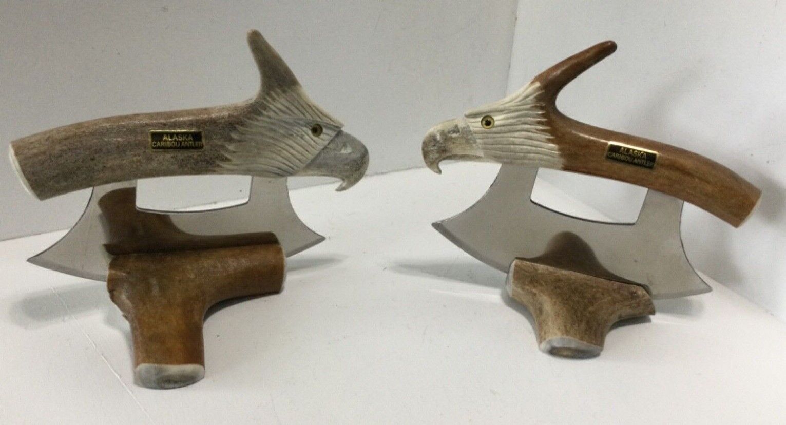 Pair of Alaska Caribou Antler Ulu Knives Eagle Collection with Stands New RD5
