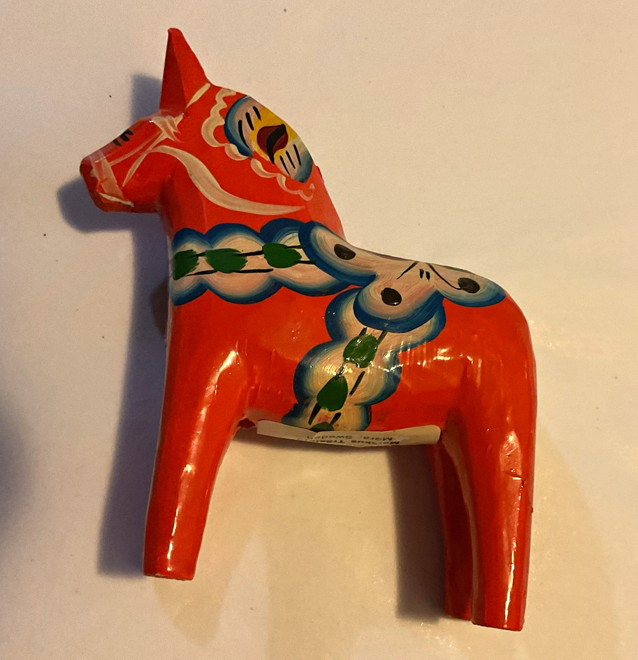 Handmade Hand-Painted Dala Horse Figurine Souvenir Label Mora, Sweden, 4”
