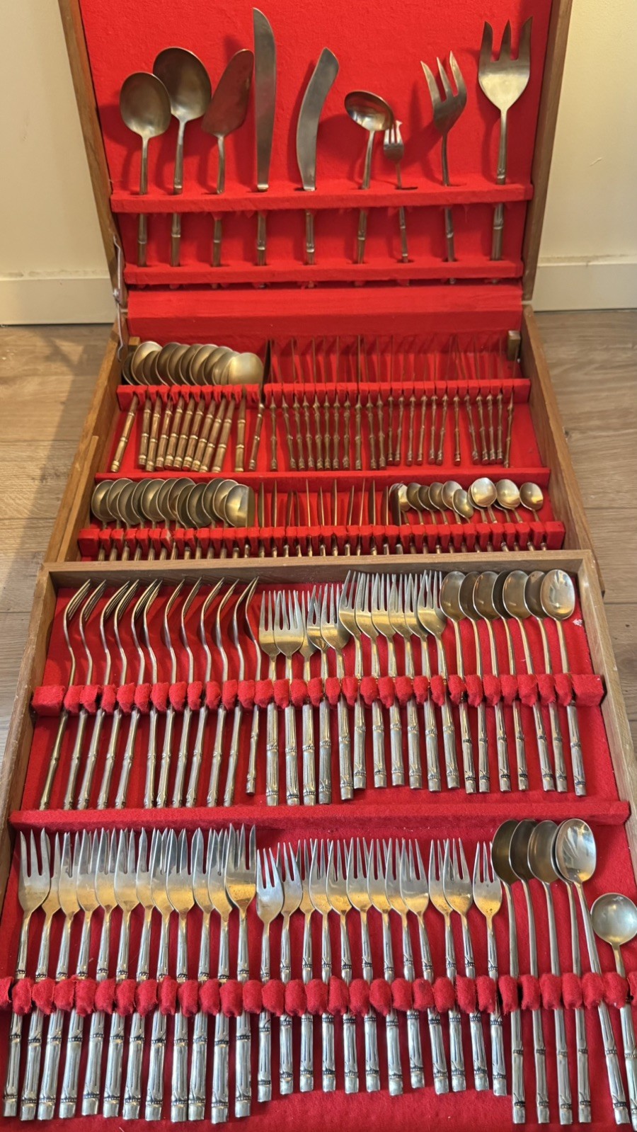 Vintage 140 Pc Nickel Bronze Bamboo Flatware Set Silverware MCM Wooden Chest
