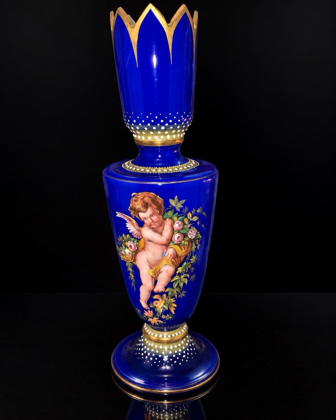 Antique Style Cobalt Blue Cherub Art Glass Vase Hand Painted Gold Enamel 15”