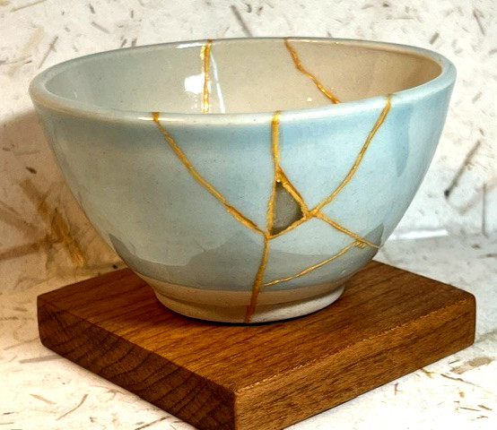Kintsugi Japanese style technique, handmade ceramic aqua bowl w/sea glass,VG