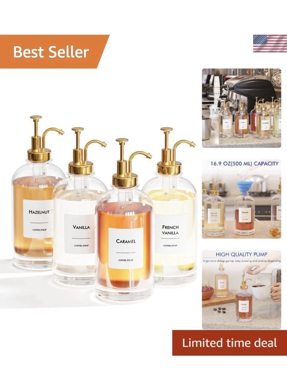 Elegant 4-Pack Coffee Syrup Dispenser Set – 500ml Glass Bottles with Gold Pumps