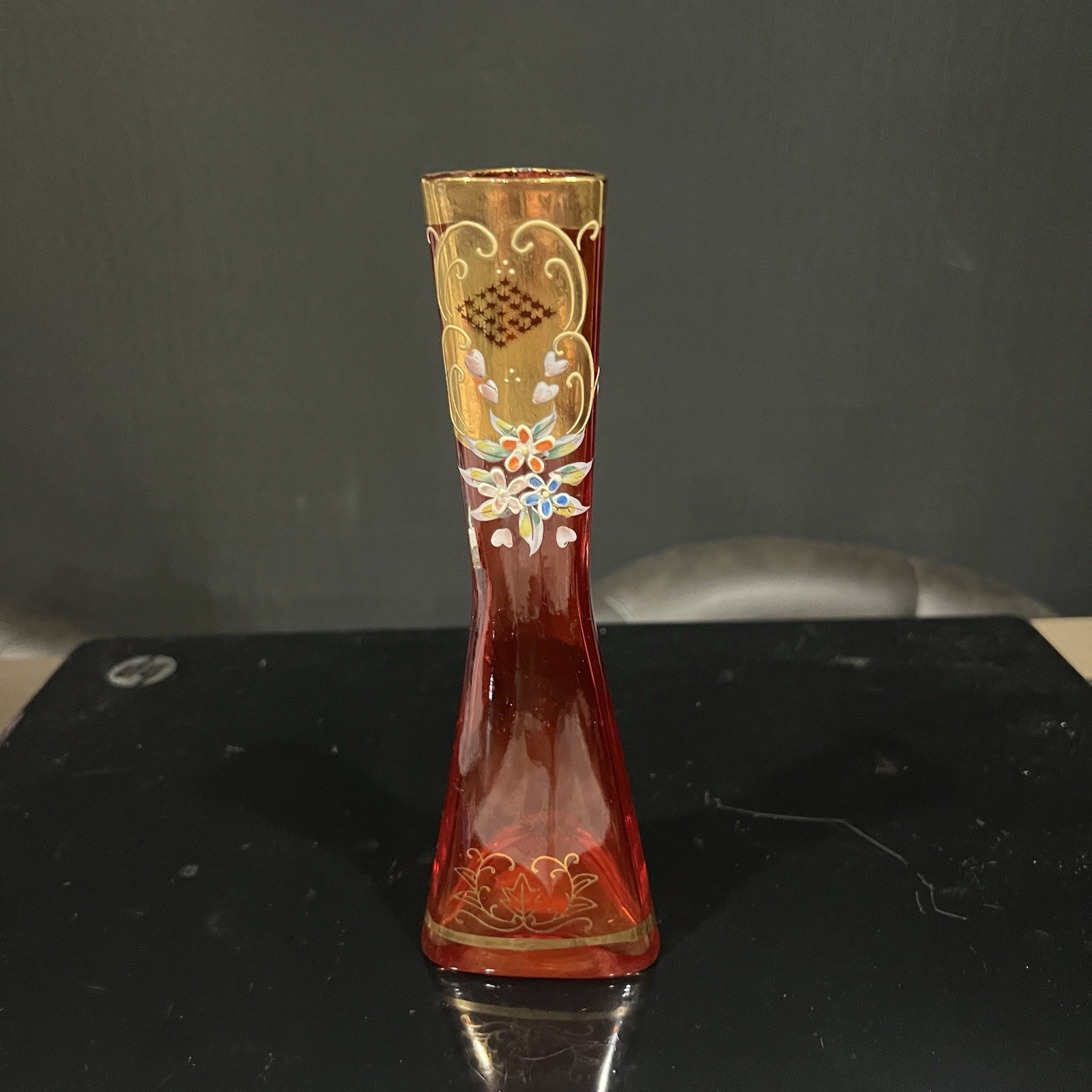 Ruby Red Bohemian Style Vase Enameled Flowers Gold Trim 7 1/2” Triangular