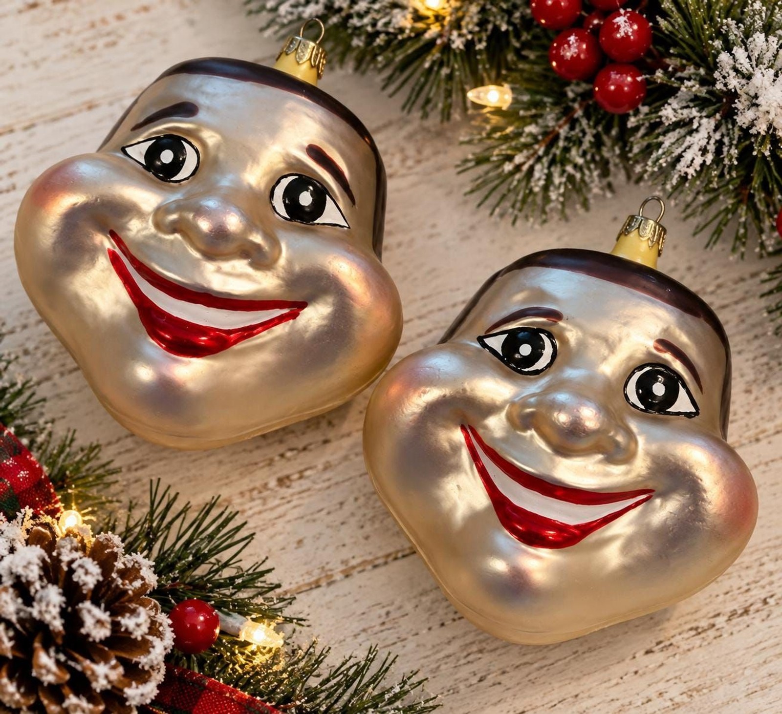 Vintage Polish Blown Glass Face Ornaments, Set of 2, Silver Smiling Character Ch