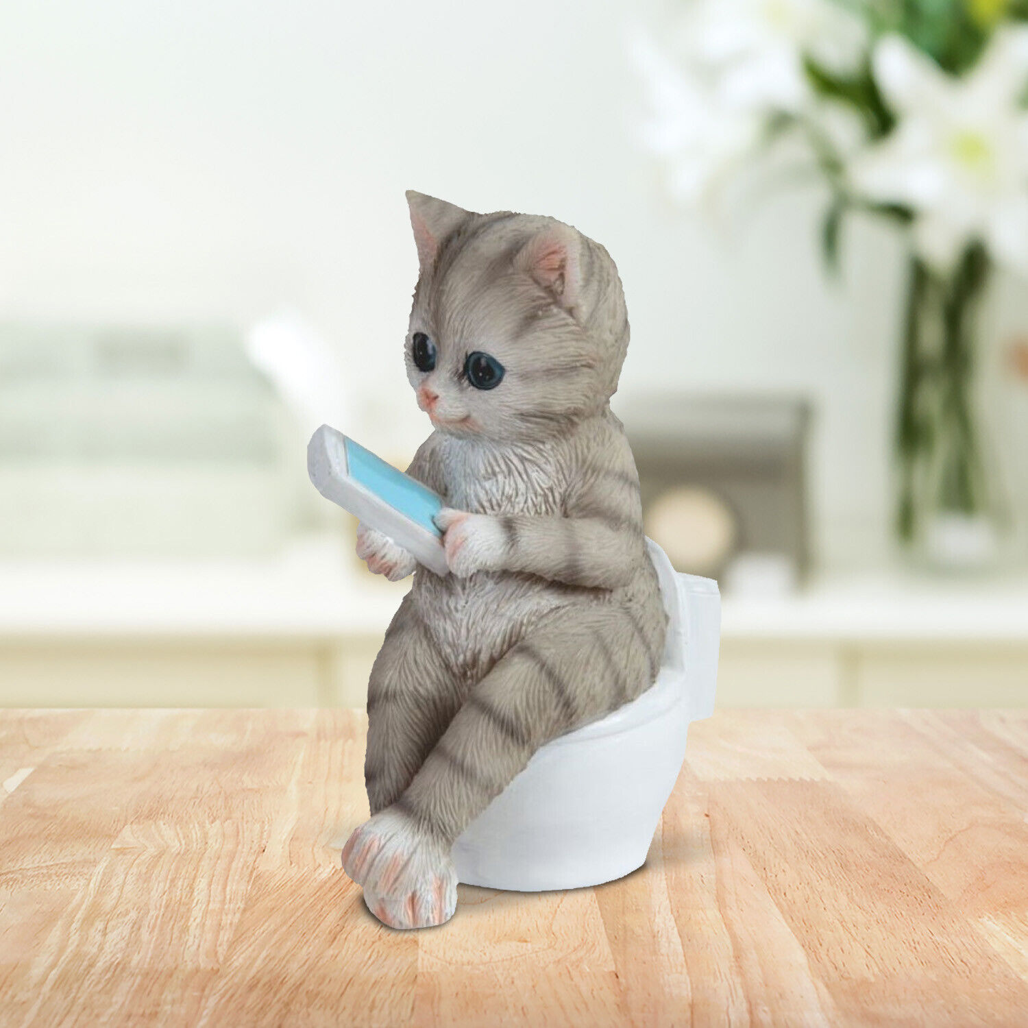 Grey Tabby Sitting on Toilet Statue 4.25\