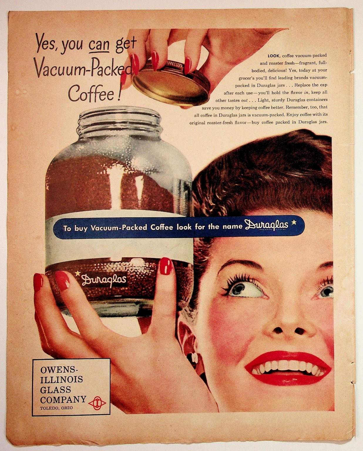 Vintage Duraglas Coffee Jar Ad Owens-Illinois Glass Company Toledo OH Vintage Duraglas Coffee Jar Ad Owens-Illinois Glass Company Toledo OH