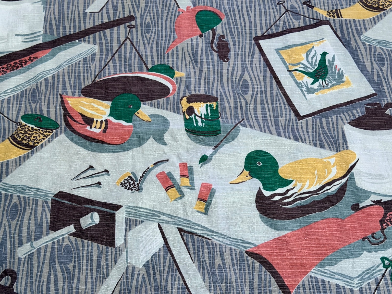 Waverly Duck Decoys Woodsy Cabin Mid Century 1940’s Barkcloth Vintage Fabric Waverly Duck Decoys Woodsy Cabin Mid Century 1940’s Barkcloth Vintage Fabric