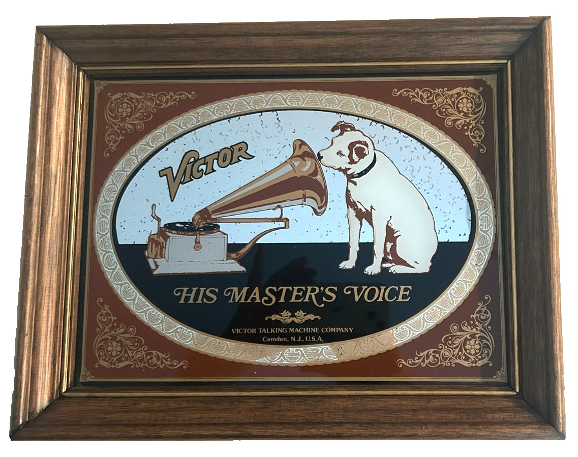 Victor His Master\'s Voice Framed Advertising Mirror Nipper