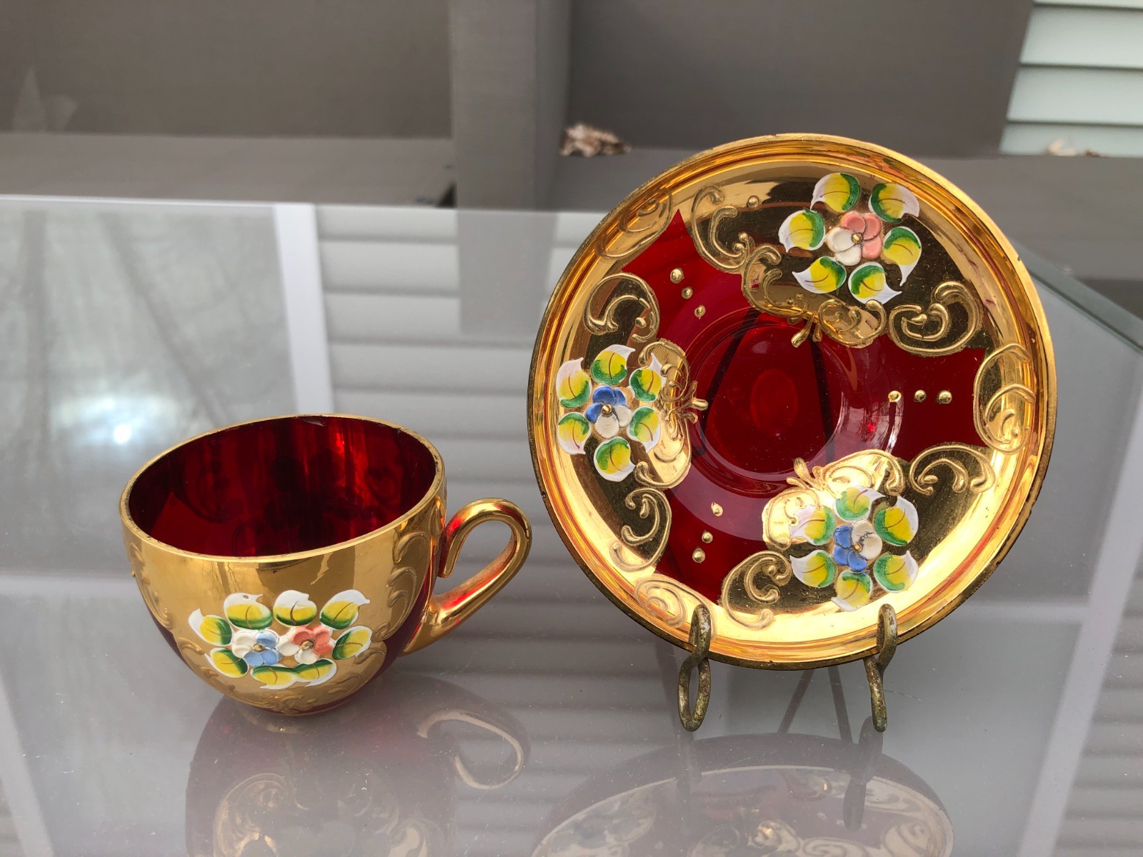 Ruby Red Glass Gold Gilt & Enamel Floral Decorated Cup & Saucer ITALY Ruby Red Glass Gold Gilt & Enamel Floral Decorated Cup & Saucer ITALY