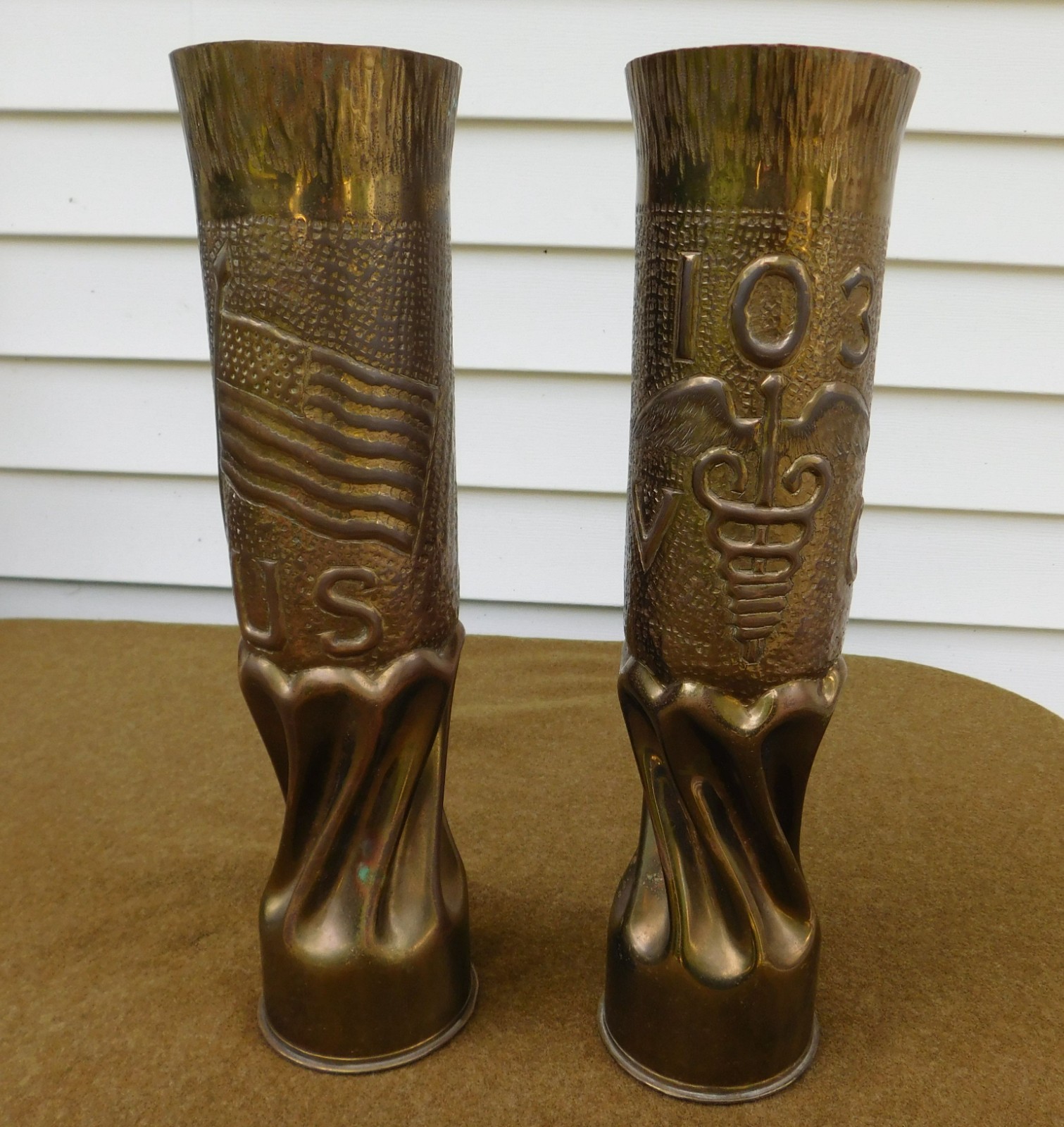 RARE ORIGINAL WWI U.S. ARMY 103RD VETERINARY CORPS TRENCH ART SHELLS MATCHED SET RARE ORIGINAL WWI U.S. ARMY 103RD VETERINARY CORPS TRENCH ART SHELLS MATCHED SET