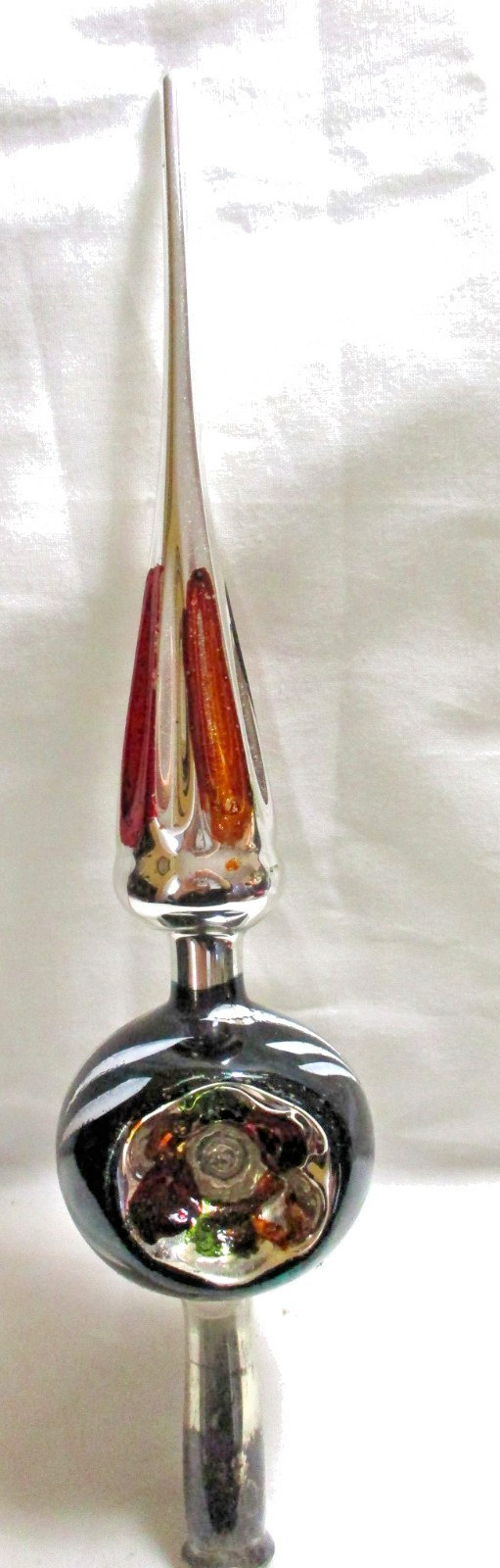 VINTAGE MERCURY BLOWN GLASS CHRISTMAS TREE TOPPER DOUBLE INDENT BLUE & STRIPES