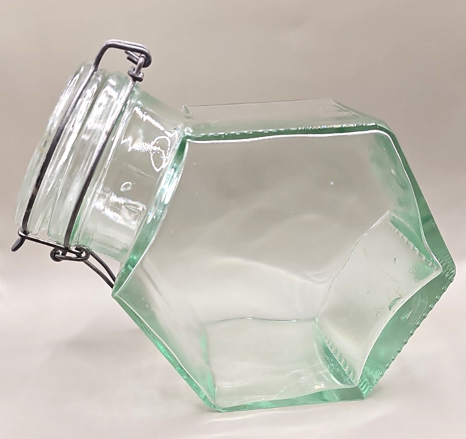 Octagonal 6 Sided Green Glass Cookie Jar Wire Bail Lid Italian Hermetic Canister