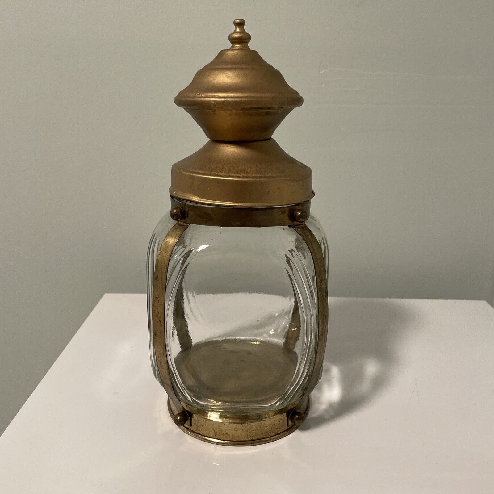 VTG Hazel Atlas Brass & Glass Lantern Canister 12” Lid Still Screws On