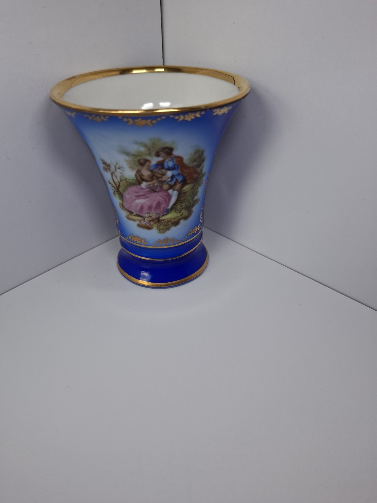 Vintage Gloria Fine Porcelain Cobalt Blue Miniature Vase - Fragonard Courting...
