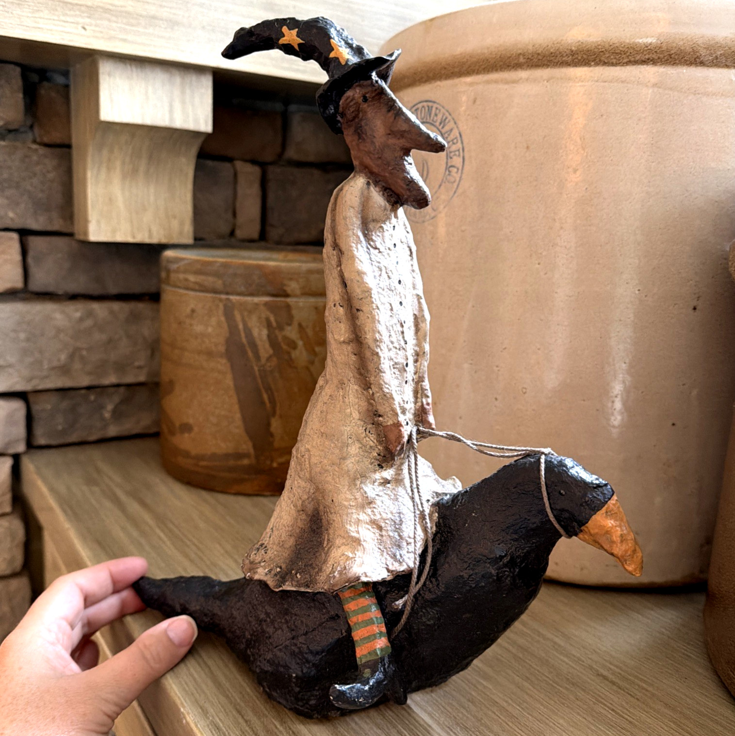 Kevin Smith Folk Art Primitive Halloween Witch Riding a Crow 12\
