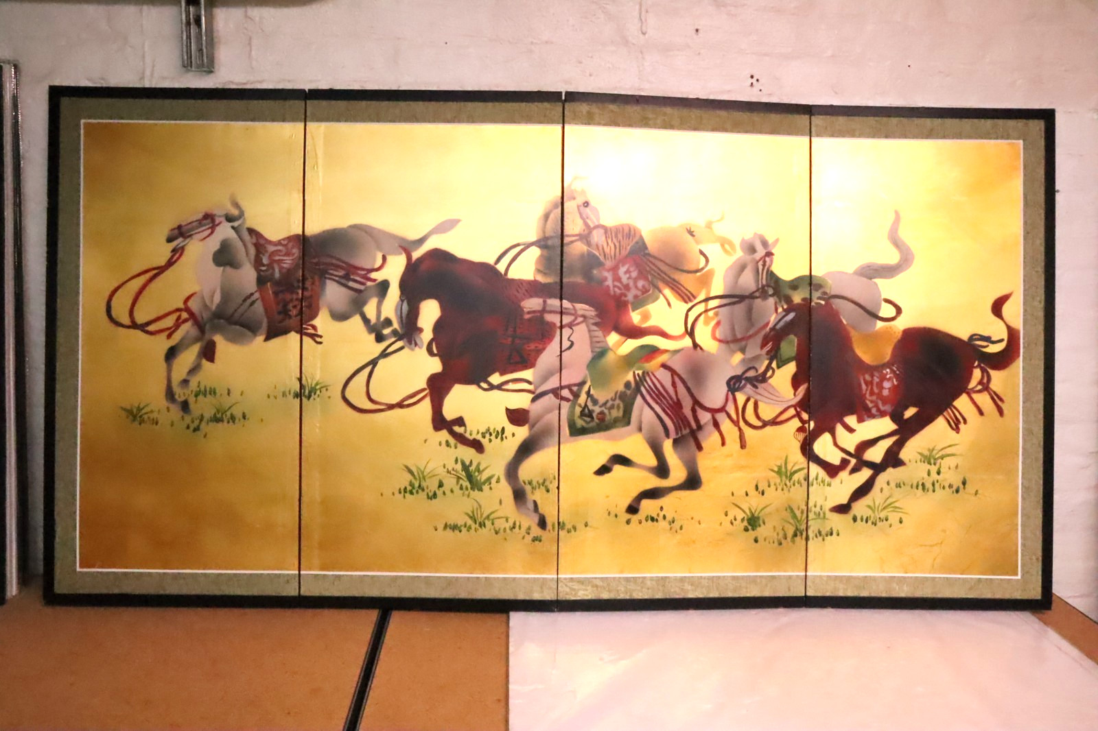 Japanese VTG 4 Panel Folding Screen Asian Byobu Painted Chinese 69x35 Asian ATQ)